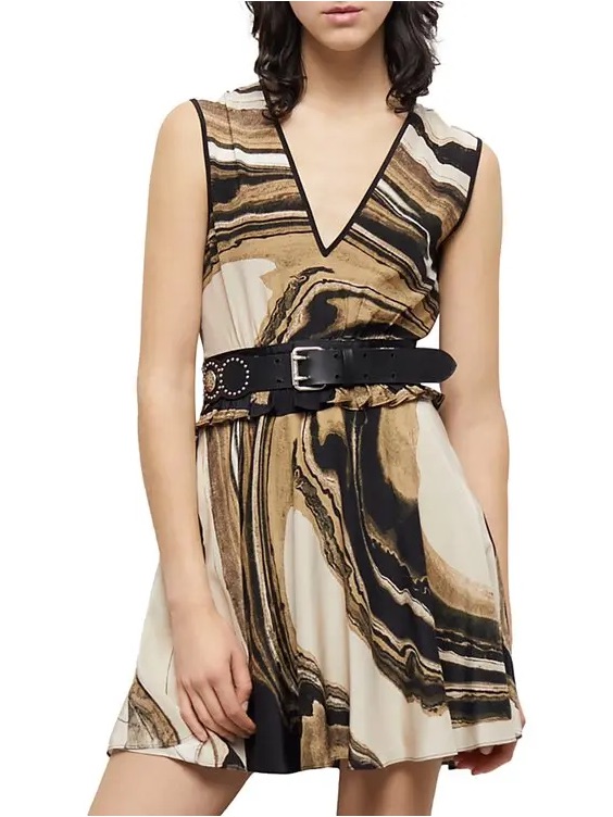 Nwt - The Kooples Silk Marble Print Mini Dress Black And Brown - Size S
